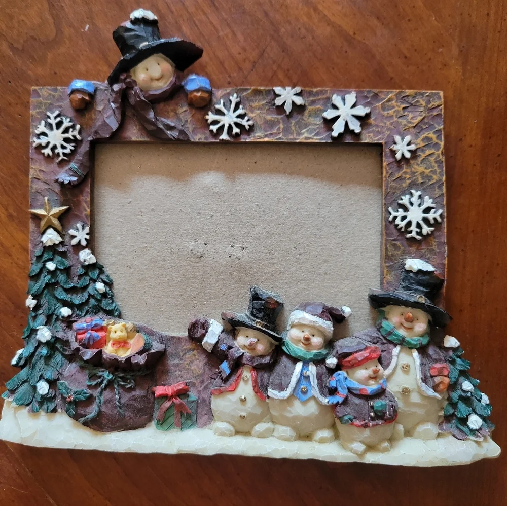 Vtg Snowman Christmas Frame Winter Sports Family
